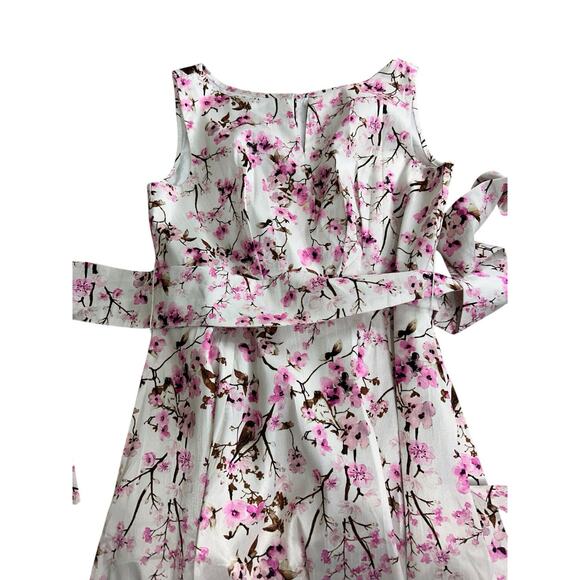 Cherry Blossom Print Dupioni Midi Dress Sz 16 Split Boat Neck Sash Belt New - Picture 7 of 13